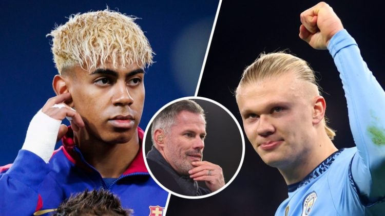 Split Image of Lamine Yamal of FC Barcelona and Erling Haaland of Manchester City with inset of Sky Sports Television pundit and commentator Jamie ...