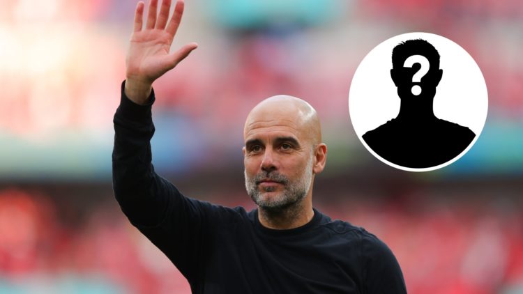 Pep Guardiola with his hand raised above his head (main image) Mystery player inset (top right corner)