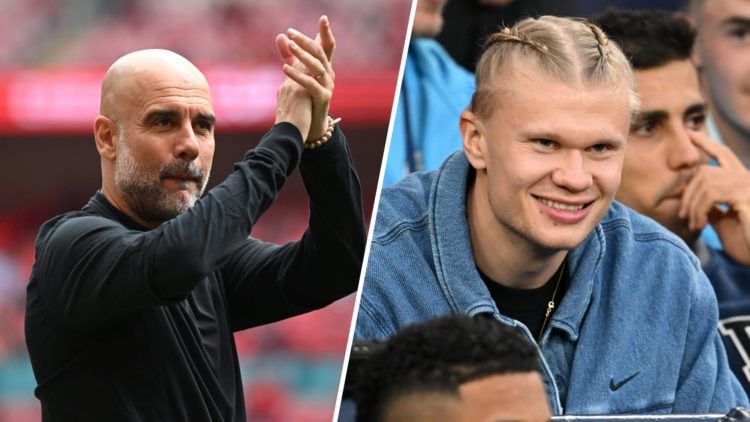 Split image - Pep Guardiola clapping at Wembley Stadium (left) close up of Erling Haaland's face while smiling (right)