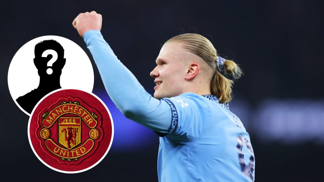 Man City star Erling Haaland with his arm raised (main image) mystery player inset (top left corner) inset of the Man United crest (bottom left)