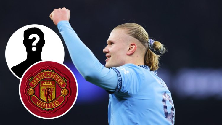 Man City star Erling Haaland with his arm raised (main image) mystery player inset (top left corner) inset of the Man United crest (bottom left)