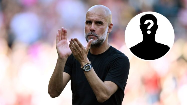 Man City manager Pep Guardiola clapping his hands (main image) mystery player inset (top right corner)