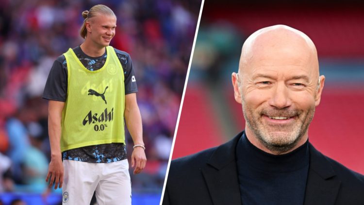 Split image - Erling Haaland warming up before the FA Cup final (left) Alan Shearer smiling (right)