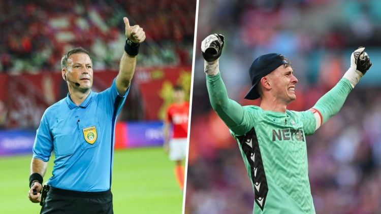 Split image - Mark Clattenburg giving a thumbs up (left) Dean Henderson with both arms over his head after Crystal Palace win the FA Cup (right)