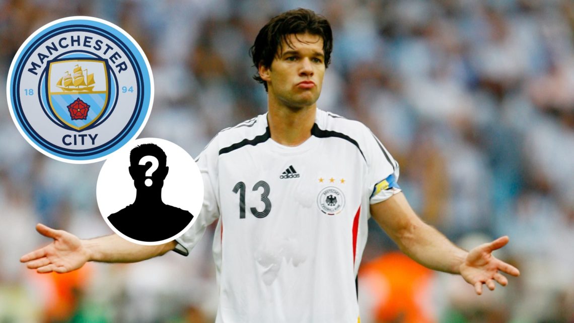 Image of Michael Ballack playing for Germany, Manchester City badge and mystery figure inset