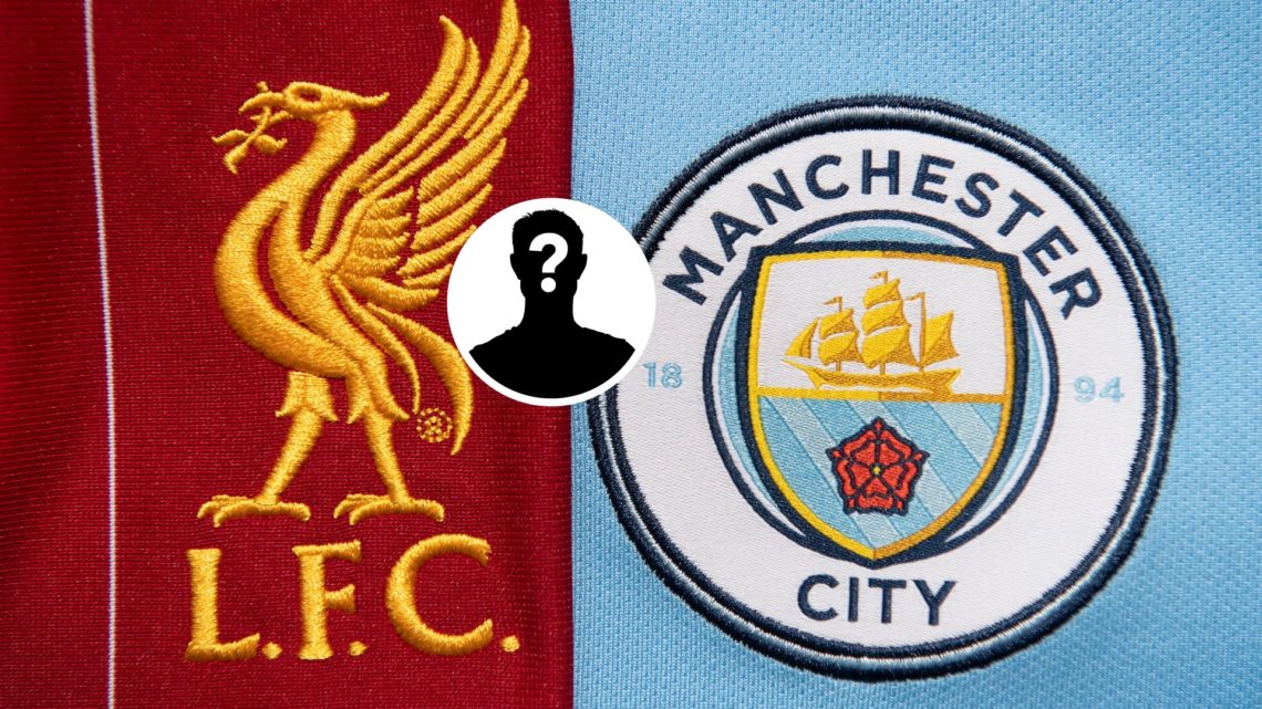 Image of the Manchester City badge and Liverpool badge with mystery figure inset