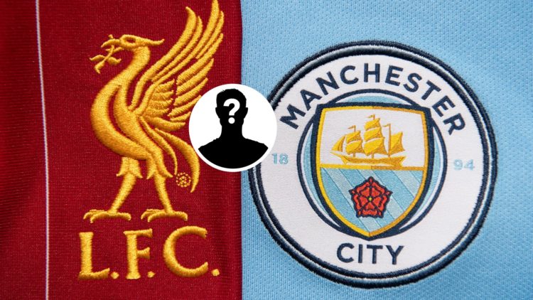 Image of the Manchester City badge and Liverpool badge with mystery figure inset