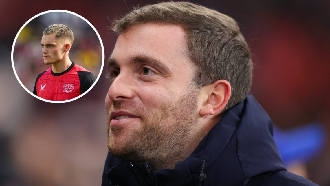 Close up of Fabrizio Romano's face while at a football match (main image) inset of Bayer Leverkusen star Florian Wirtz (top left corner)