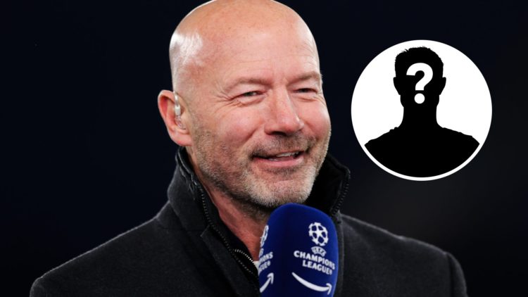 Alan Shearer talking into a Champions League microphone (main image) mystery player inset (top right corner)