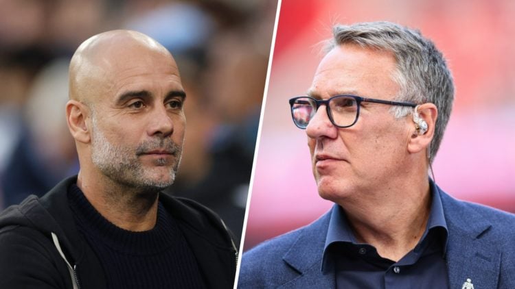 Split image - Close up of Pep Guardiola with a smile on his face (left) side of Paul Merson's head while doing punditry work (right)