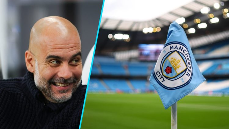 Manchester City manager Pep Guardiola (left), a general view of the Etihad Stadium (right)