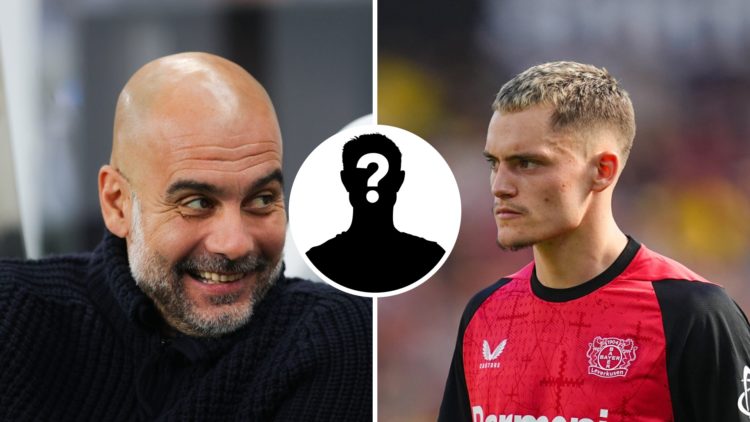 Split image of Pep Guardiola and Florian Wirtz with mystery figure inset