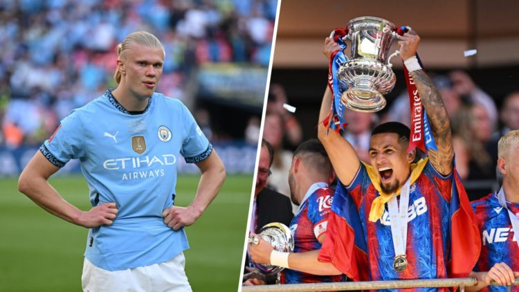 Split image - Man City star Erling Haaland with his hands on his hips (left) Crystal Palace's Daniel Munoz lifting the FA Cup above his head (right)
