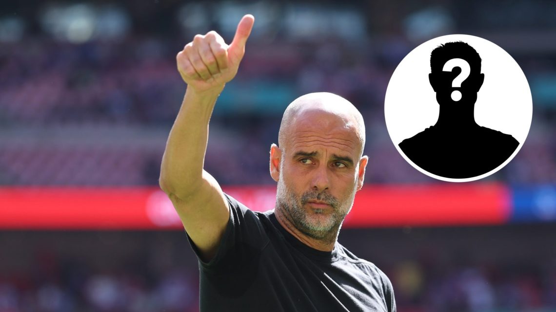 Pep Guardiola with his thumb up (main image) mystery player inset (top right corner)
