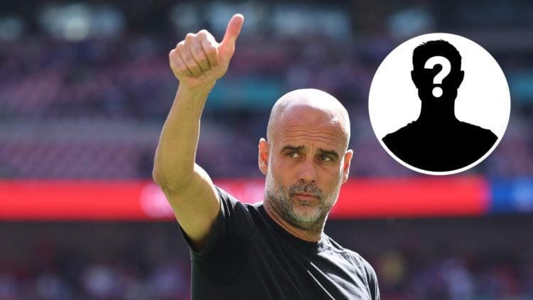Pep Guardiola with his thumb up (main image) mystery player inset (top right corner)