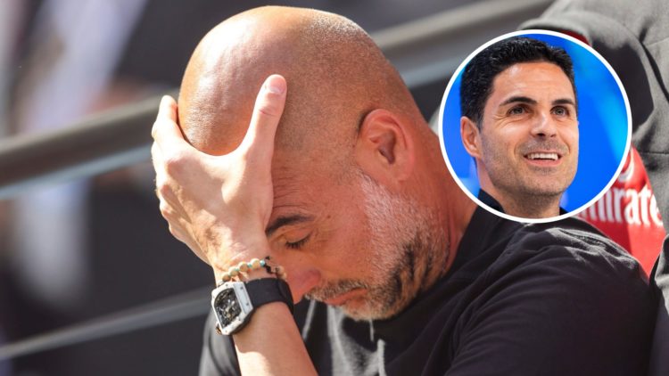 Image of Pep Guardiola looking dejected at Wembley with Mikel Arteta smiling inset