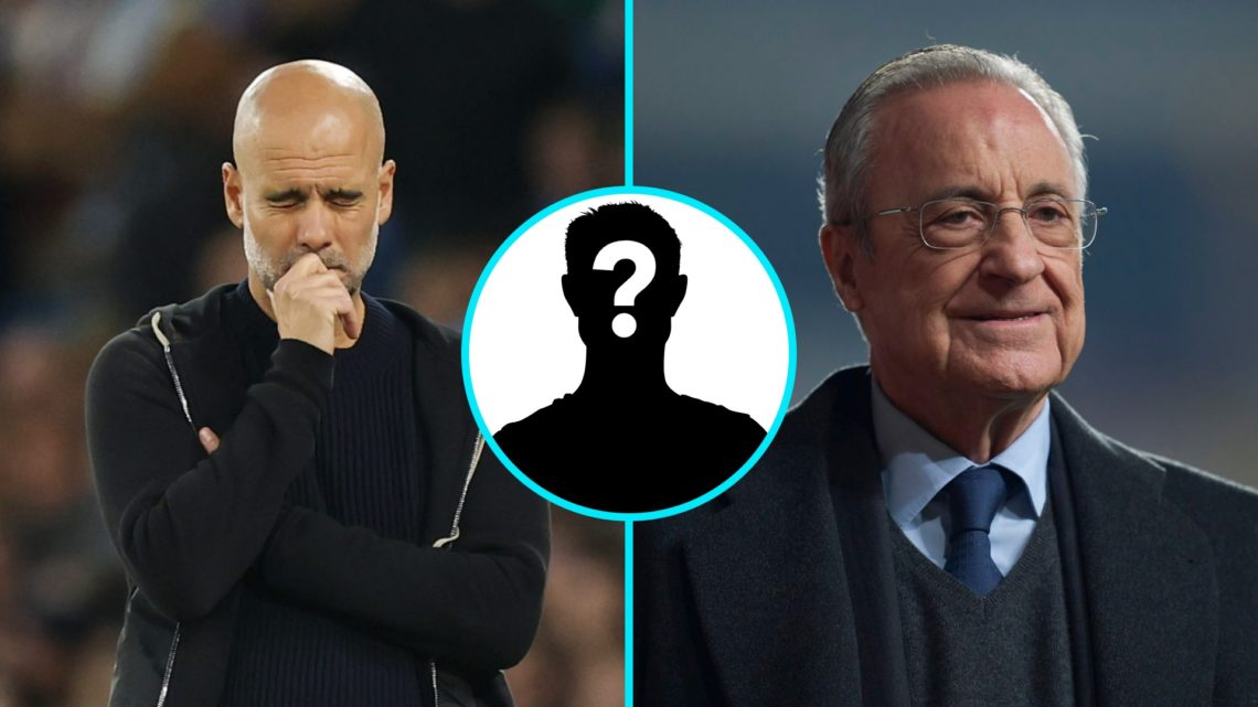 Manchester City manager Pep Guardiola winces (left), Real Madrid president Florentino Perez look on (right, mystery player (inset)