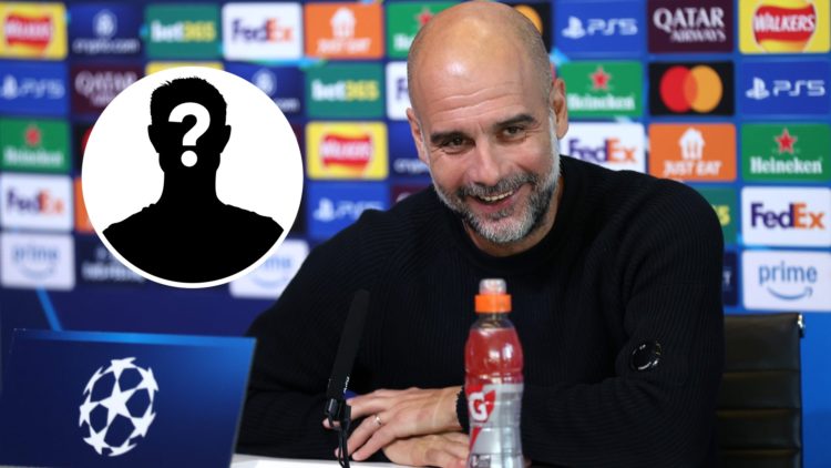Manchester City manager Pep Guardiola with inset of mystery silhouette