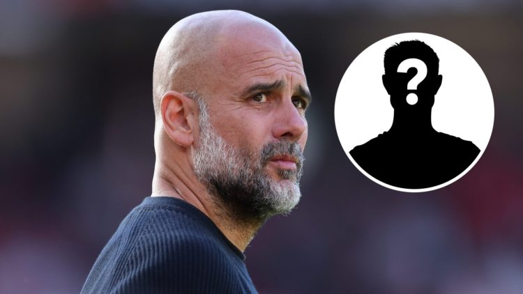 Close up of Pep Guardiola's face with a focussed look (main image) mystery player inset (top right corner)