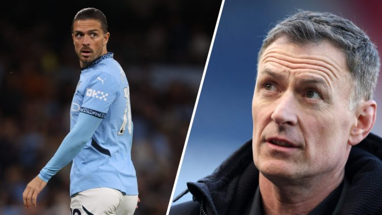 Split Image - Jack Grealish in action for Man City (left) Chris Sutton doing punditry work (right)
