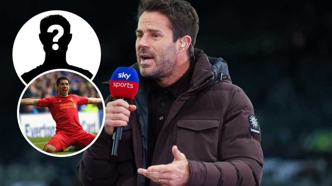 Jamie Redknapp speaking into a Sky Sports microphone (main image) Mystery player inset (top left corner) inset of Luis Suarez celebrating a goal fo...