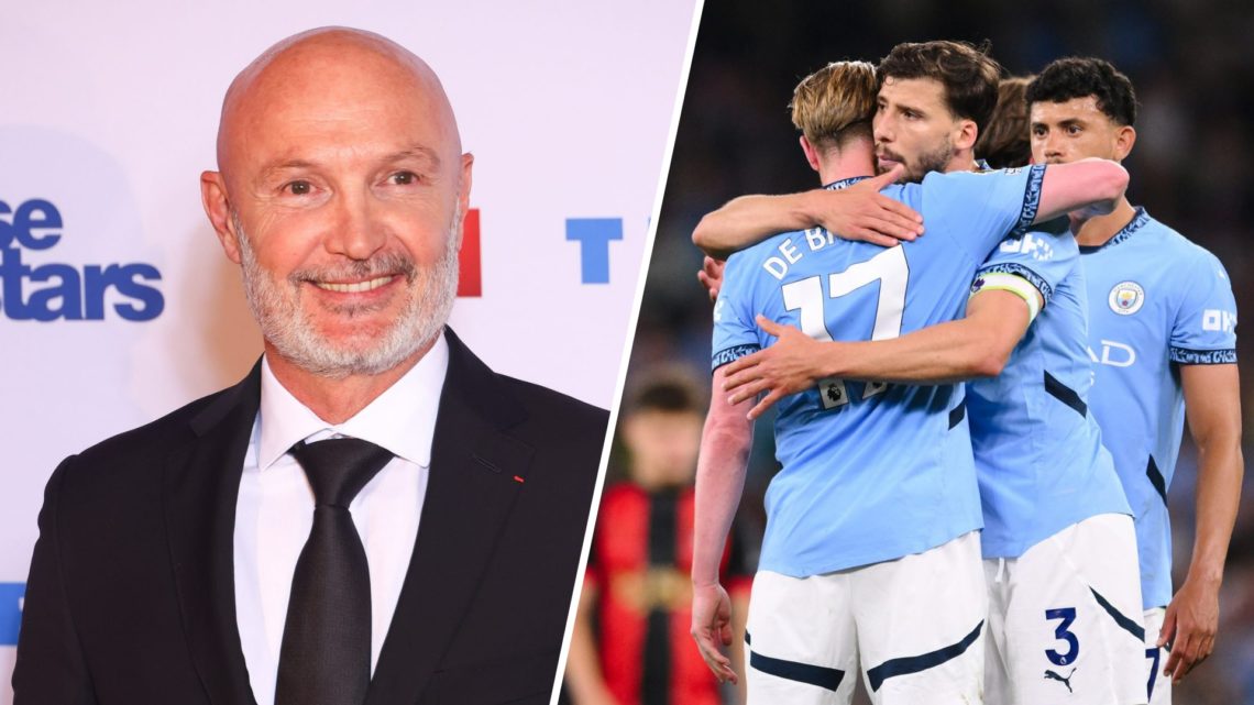 Split image - Frank Leboeuf smiling on a red carpet (left) Kevin De Bruyne being hugged by Ruben Dias (right)