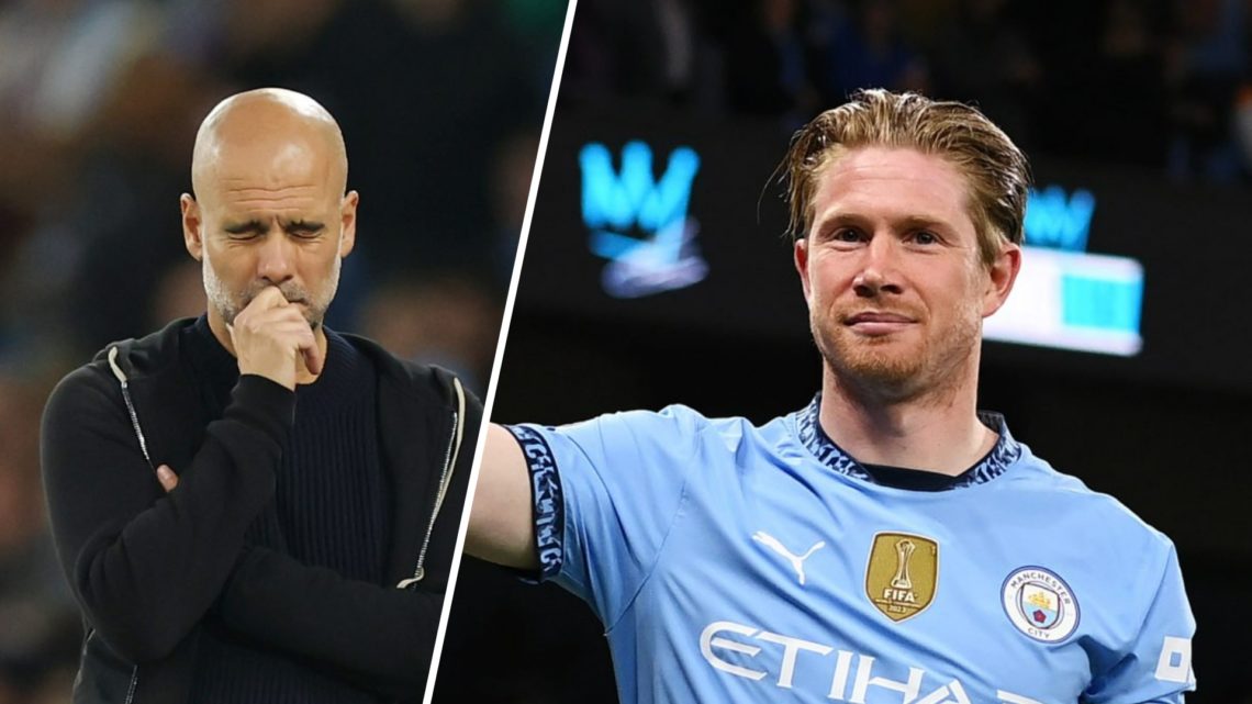 Manchester City manager Pep Guardiola winces (left), Kevin De Bruyne waves to Manchester City fans (right)