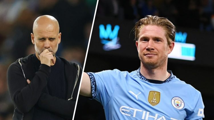 Manchester City manager Pep Guardiola winces (left), Kevin De Bruyne waves to Manchester City fans (right)