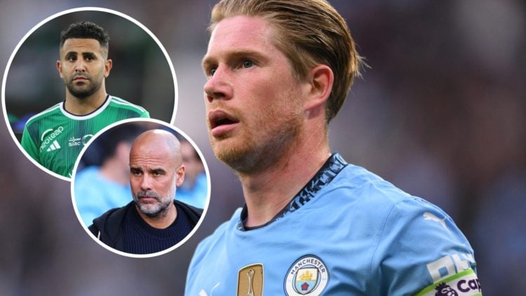 Image of Kevin De Bruyne playing for Manchester City against Bournemouth in the Premier League, Riyad Mahrez and Pep Guardiola inset