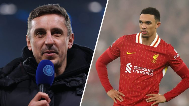 Split image - Gary Neville speaking into a microphone (left) Trent Alexander-Arnold with his hands on his hips (right)