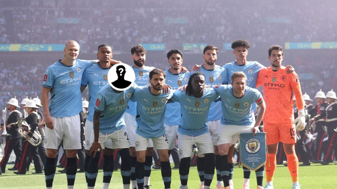 Manchester City players pose for team photo at Wembley ahead of the FA Cup final against Crystal Palace, mystery figure inset.