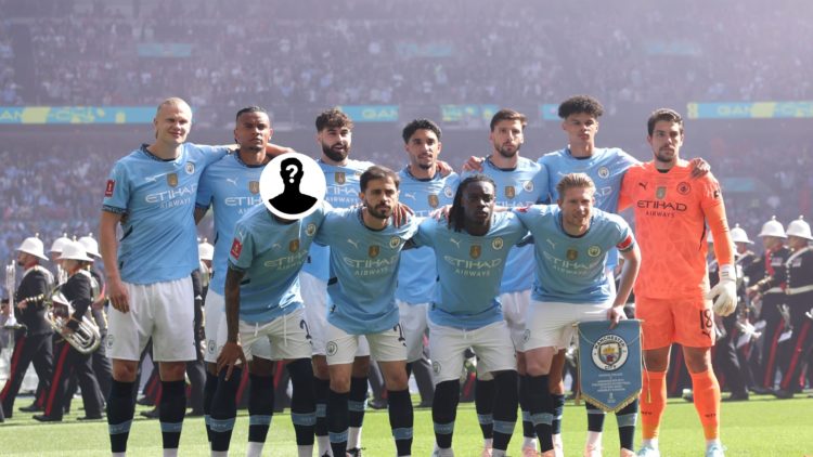 Manchester City players pose for team photo at Wembley ahead of the FA Cup final against Crystal Palace, mystery figure inset.