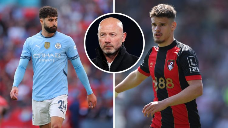 Split image of Manchester City star Josko Gvardiol and Bournemouth star Milos Kerkez with inset of Alan Shearer