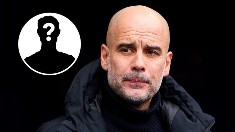 Close up of Pep Guardiola's face (main image) mystery player inset (top left corner)