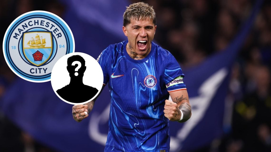 Image of Enzo Fernandez celebrating for Chelsea, Manchester City badge and mystery figure inset
