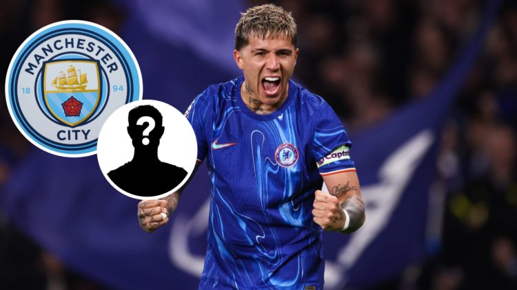 Image of Enzo Fernandez celebrating for Chelsea, Manchester City badge and mystery figure inset