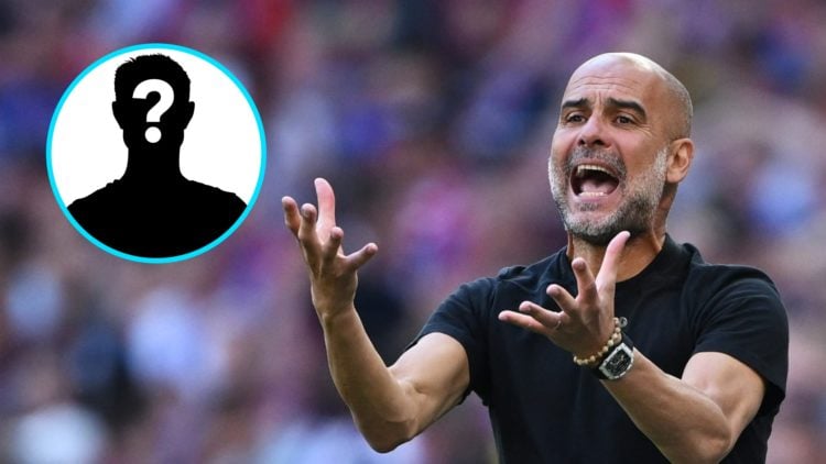 Manchester City manager Pep Guardiola expresses his frustration (right), mystery player (inset)