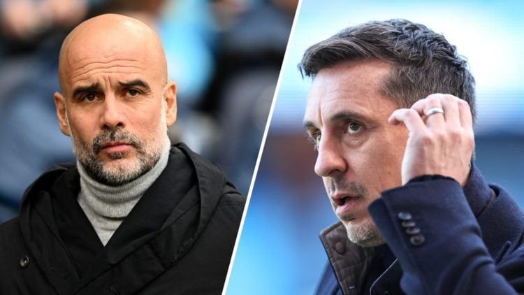 Split image - Close up of Pep Guardiola's face (left) Gary Neville working as a pundit (right)