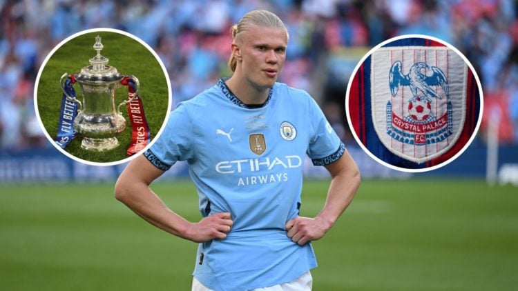Image of Erling Haaland after losing to Crystal Palace in the FA Cup final, Crystal Palace badge and FA Cup trophy inset