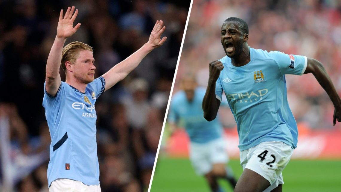Split image - Kevin De Bruyne with his hands up in the air (left) Yaya Toure celebrates a Man City goal (right)