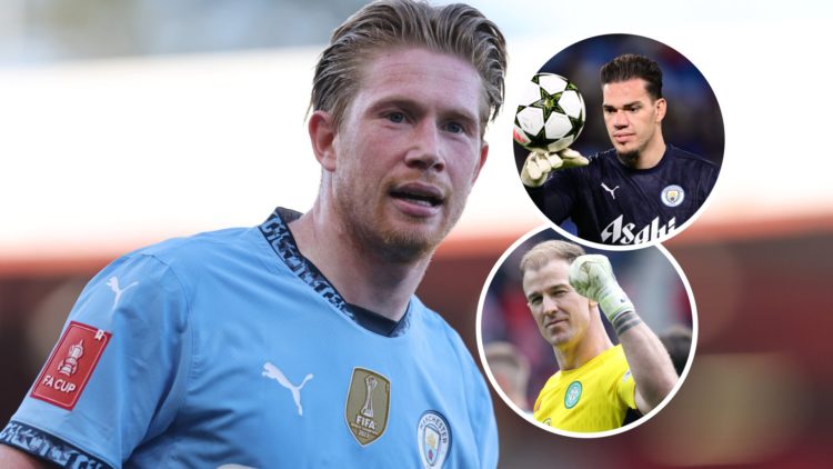 Manchester City legend Kevin De Bruyne with insets of Ederson and Joe Hart