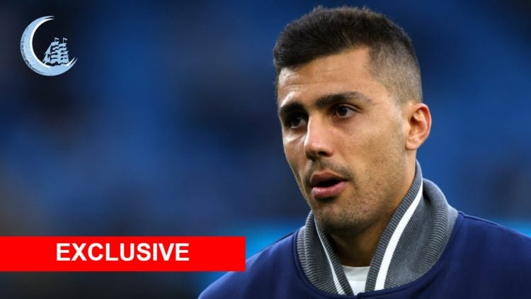 Close up of Rodri's face with his mouth open (main image) red exclusive banner (bottom left corner) Manchester City News logo (top left corner)