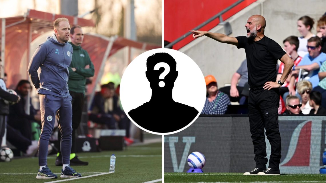 Split image of Manchester City youth coach Ben Wilkinson and first-team manager Pep Guardiola with inset of mystery silhouette