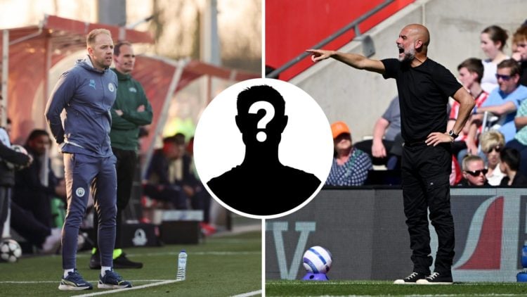 Split image of Manchester City youth coach Ben Wilkinson and first-team manager Pep Guardiola with inset of mystery silhouette