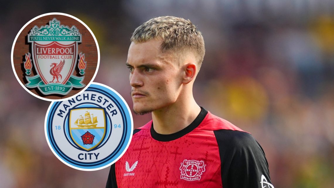 Florian Wirtz with insets of Liverpool and Manchester City badges