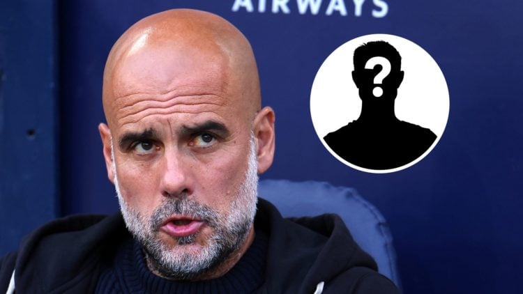 Manchester City manager Pep Guardiola with inset of a mystery silhouette