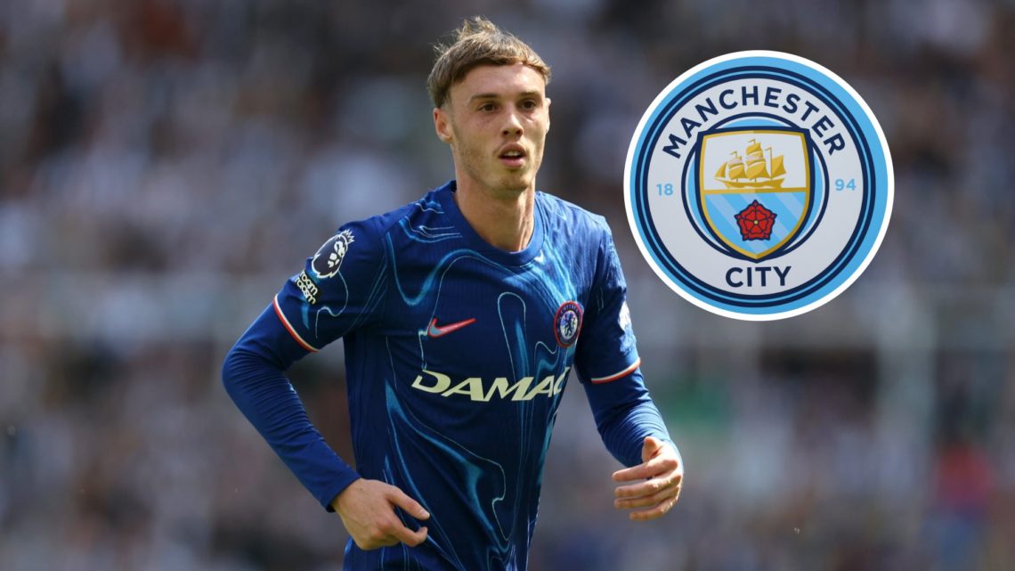 Chelsea star Cole Palmer with inset of Manchester City badge