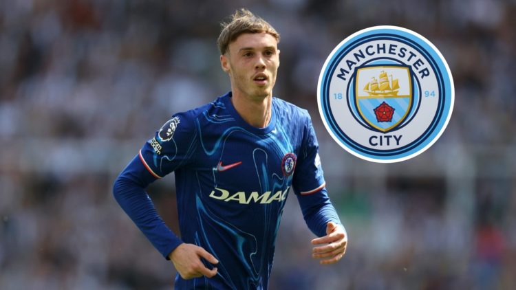 Chelsea star Cole Palmer with inset of Manchester City badge