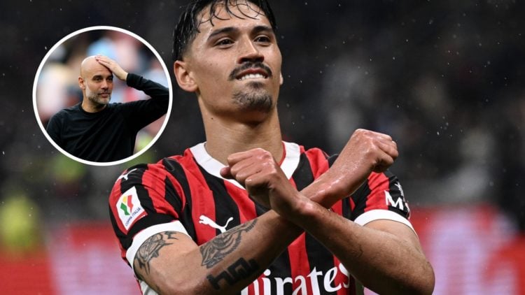 AC Milan midfielder Tijjani Reijnders with inset of Manchester City manager Pep Guardiola
