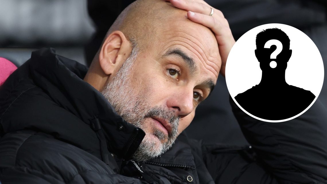 Pep Guardiola looking dejected during a Premier League clash between Manchester City and Bournemouth, mystery image inset